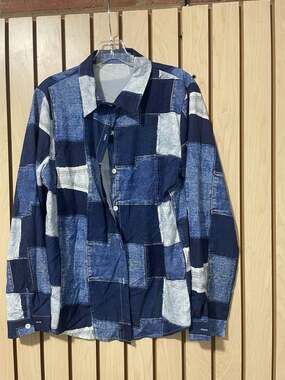 Unbrande  Faux Denim Patchwork Digital Print Button Down Shirt, Size XL